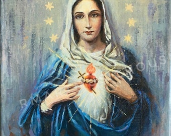 Original Handmade Oil Painting Immaculate Heart of Mary with Sword 8x10 inches Stretched Canvas Catholic Religious Art Portrait of Saint