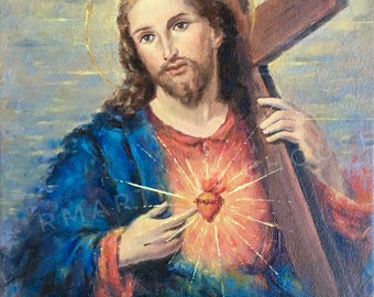 Original Handmade Sacred Heart of Jesus Carrying the Cross Oil Painting 8”x10” Stretched Canvas  Catholic Religious Art Saint Portrait
