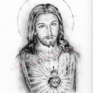 AFDRUK van het heilig hart van Jezus Christus potloodtekening 5 x 7, 8,5 x 11, 9 x 12 inch katholieke religieuze kunst gratis verzending