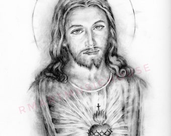 PRINT of The Sacred Heart of Jesus Christ Pencil Drawing 5x7, 8.5x11, 9x12 inches Catholic Religious Art Free Shipping