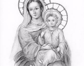 PRINT of Mary and Jesus Pencil Drawing Free Shipping Catholic Religious Art Vintage Holy Prayer Card Saint Portrait Madonna and Child