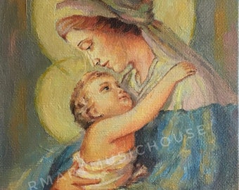 Original Handmade Oil Painting Madonna and Child 5”x7” Canvas Board Virgin Mary  and Baby Jesus Catholic Religious Art Saint Portrait