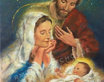 Original Handmade Small Oil Painting The Holy Family Nativity Christmas Gift Catholic Religious Art Saint Portrait 8”x10”Stretched Canvas