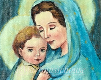 100% Handmade Mini Painting,Madonna and Child, Virgin Mary and Jesus,Catholic Religious Art,Saint Portrait,Christmas Card,Catholic Gift