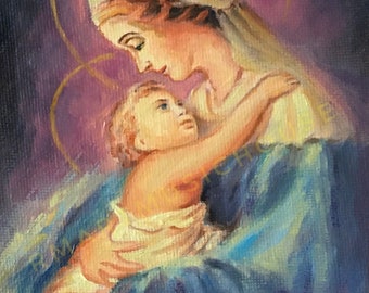 Original Handmade Oil Painting Mary and Baby Jesus 4x6 inches Canvas Board Catholic Religious Art Baptism Gift Portrait of Saint