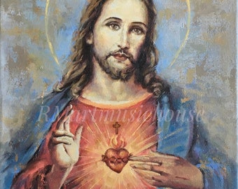 Original Handmade Oil Painting 11 x 14 inches Stretched Canvas Sacred Heart of Jesus Christ Catholic Religious Contemporary Classic Art