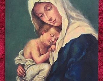 DRUCK von Jungfrau Maria und Jesuskind Ölgemälde Kostenloser Versand Katholische Religiöse Kunst Weihnachtsgeschenk Porträt des Heiligen Vintage Holy Card