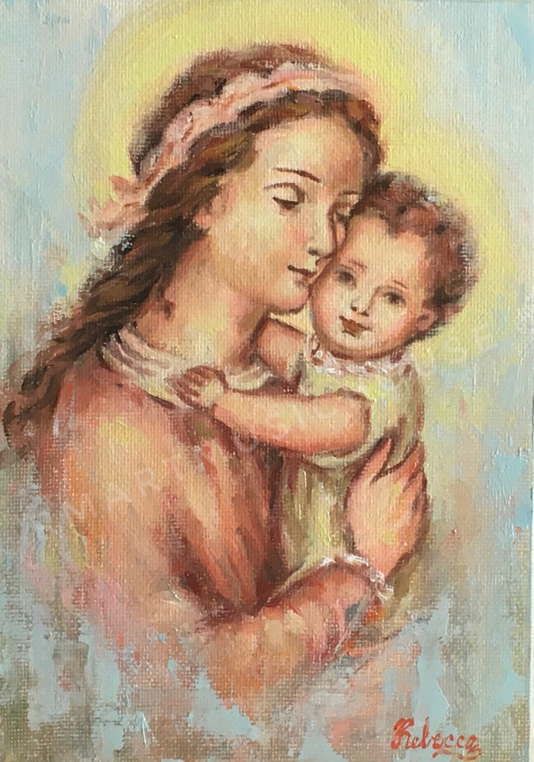 Original Handmade Mary and Baby Jesus Small Oil Painting 5x7 Inches