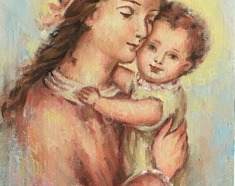 Original Handmade Mary and Baby Jesus Small Oil Painting 5x7 inches Canvas Board Catholic Religious Art Baptism Gift Saint Portrait