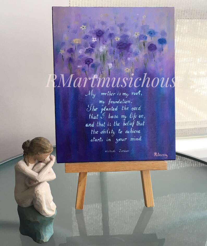 Original Handmade Small Oil Painting Mothers Love Quote Mothers Day Gift Calligraphy Flowers Michael Jordan 8x10 inches Canvas Board image 2