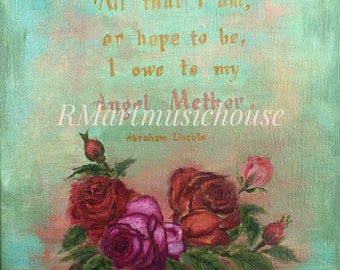 Original Handmade Small Oil Painting Mother Love Flowers Abraham Lincoln Quote Mother and Child Mother’s Day Gift