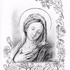 Stampa della Vergine Maria in preghiera Disegno a matita Spedizione gratuita Ritratto di santo Arte religiosa cattolica Sassoferrato Vintage Scheda di preghiera sacra