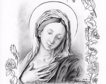 Print of Virgin Mary in Prayer Pencil Drawing Free Shipping Saint Portrait Catholic Religious Art Sassoferrato Vintage Holy Prayer Card