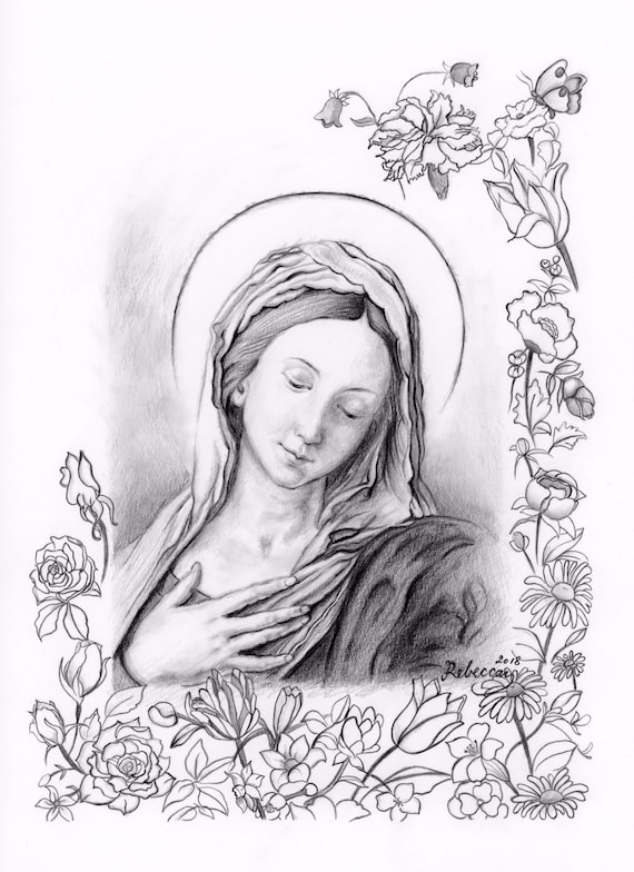 Impresión de la Virgen María en oración Dibujo a lápiz Envío - Etsy España