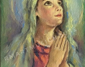 Original Handmade Virgin Mary in Prayer Mini Oil Painting 3x5 inches Canvas Board Catholic Religious Art Saint Portrait Baptism Gift