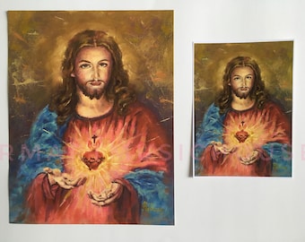 PRINT of Sacred Heart of Jesus Christ Oil Painting 5x7 and 8.5x11 inches Free Shipping Contemporary Art Catholic Religious Gift