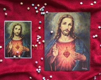 PRINT of Sacred Heart of Jesus Christ Oil Painting Free Shipping Catholic Religious Art Housewarming Gift Saint Portrait Vintage Holy Card