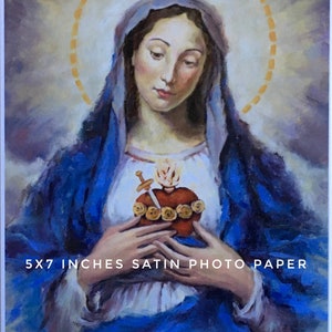Impression de peinture à l'huile du Cœur immaculé de Marie avec épée livraison gratuite 8,5 x 11 pouces et 5 x 7 pouces Art religieux catholique Saint Portrait