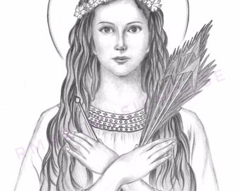 PRINT of St Philomena Pencil Portrait Catholic Religious Art Patron Saint Anchors Arrows A Palm Symbol of Martyrdom Angel Vintage Holy Card