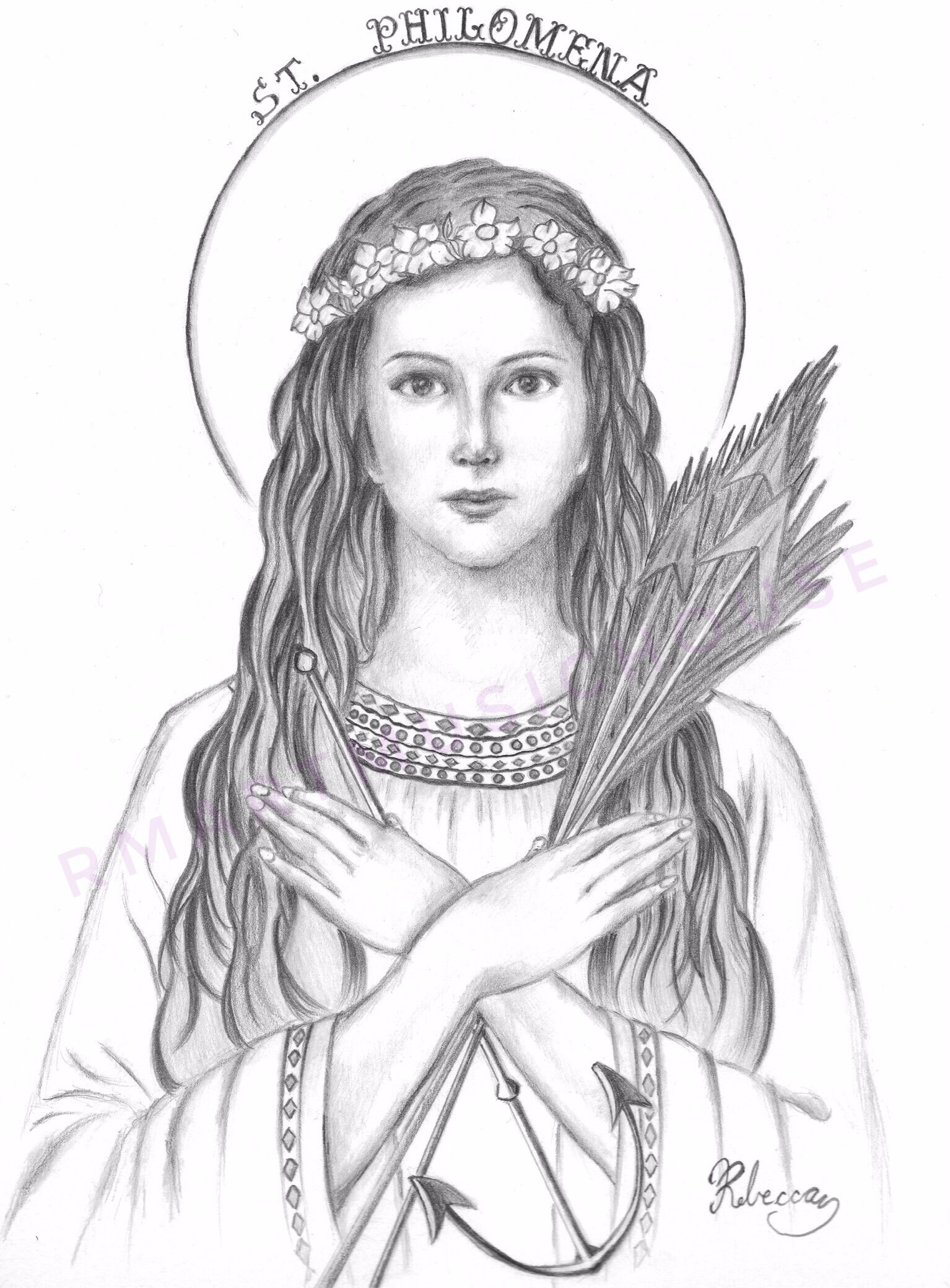 PRINT of St Philomena Pencil Portrait Catholic Religious Art Patron