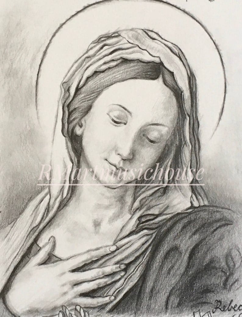 100% Handmade Original Virgin Mary Pencil Drawing Saint | Etsy