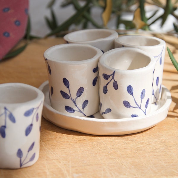 SERVICE of CHERRY GLASSES with Matching Saucer - White Ceramic with Blue Botanical Decoration