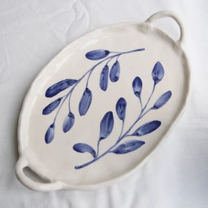 WHITE CERAMIC TRAY with BLUE Leaves - Handmade