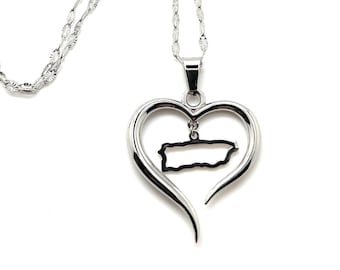 Puerto Rico Heart Pendant Necklace: Stainless Steel Boricua Pride