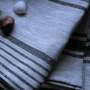 Linen Towel Bath Sauna SPA Beach Travel Striped Large Size Natural Gray With Black Strips Pure 100% Eco Linen Gift For Men