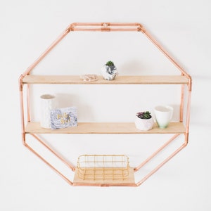 Copper Pipe Octagon Statement Shelf Wall Hanging Storage