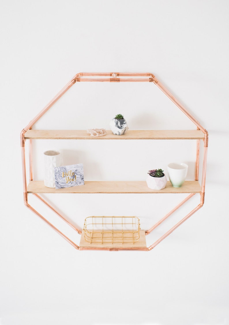 Copper Pipe Octagon Statement Shelf Wall Hanging Storage