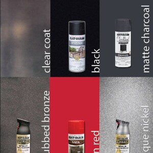 Puede incluir: Una colecci&oacute;n de botes de pintura en aerosol Rust-Oleum en varios colores y acabados, incluyendo bronce frotado al aceite, capa transparente, rojo satinado, carb&oacute;n mate, negro y n&iacute;quel antiguo. Los botes est&aacute;n dispuestos en una cuadr&iacute;cula con los nombres de los colores escritos verticalmente a la derecha y a la izquierda de la imagen.