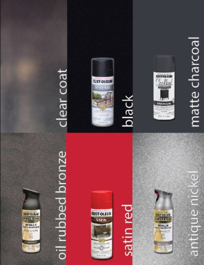 Puede incluir: Una colecci&oacute;n de botes de pintura en aerosol Rust-Oleum en varios colores y acabados, incluyendo bronce frotado al aceite, capa transparente, rojo satinado, carb&oacute;n mate, negro y n&iacute;quel antiguo. Los botes est&aacute;n dispuestos en una cuadr&iacute;cula con los nombres de los colores escritos verticalmente a la derecha y a la izquierda de la imagen.