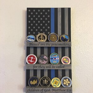 Thin Blue Line American Flag Key Holder - Wall Mount Key Organizer With Hooks, “Blessed Are The Peacemakers” Design