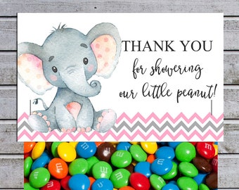 Elephant Treat Bag Toppers, Elephant Girl Baby Shower Favor Tags, Instant Download (va12) Thank you for Showering our Little Peanut