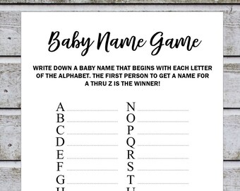 Jeu de douche de bébé imprimable jeu de nom de bébé, jeu de course de nom de bébé, jeu de nom de bébé A-Z, jeu ABC de bébé, téléchargement immédiat (wb)