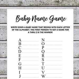 Printable Baby Shower Game Baby Name Game, Baby Name Race Game, A-Z ...