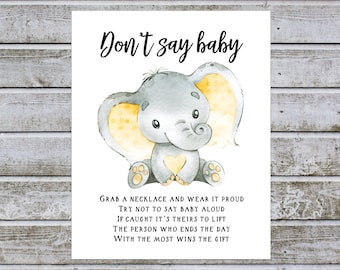 No digas signo de bebé, no digas bebé elefante, signos de juego de baby shower imprimibles, descarga instantánea (w1y2)