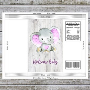 Mini Chip Bag Labels Printable, Chip Bag Elephant Birthday Party Favors, girl baby shower decorations, Instant Download (w1p1)