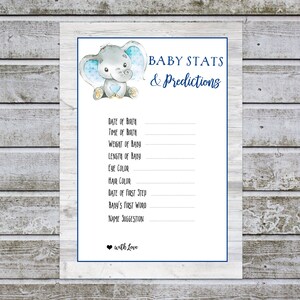 Baby Shower Games | Baby Stats Baby Shower Predictions Advice Cards | Elephant Boy Baby Shower Printable, Instant Download (w1)