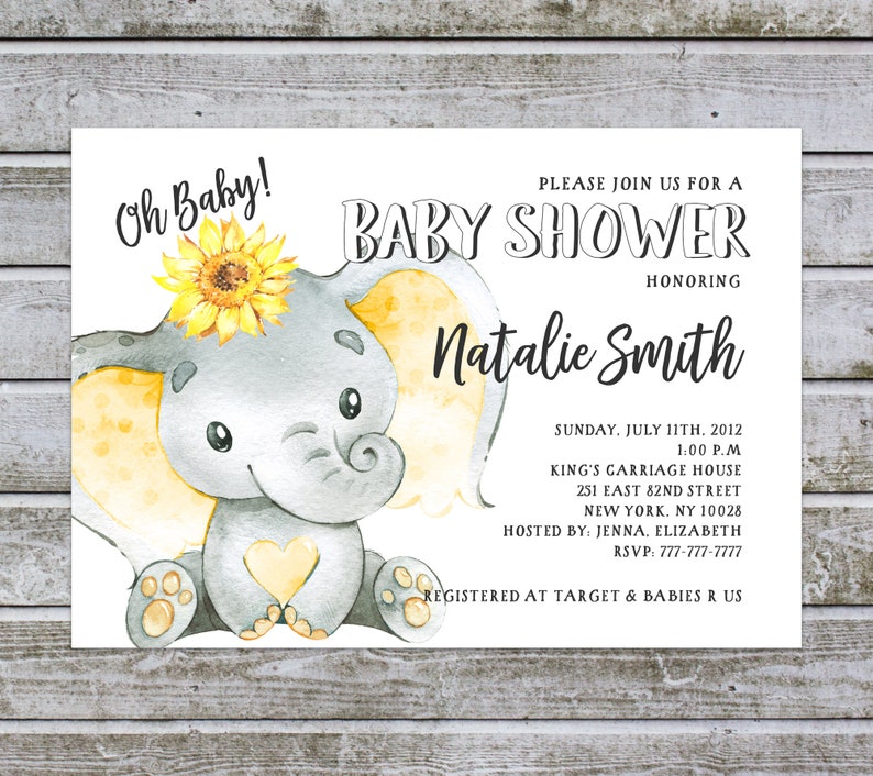 Sunflower Elephant Baby Shower Invitation Gender Neutral