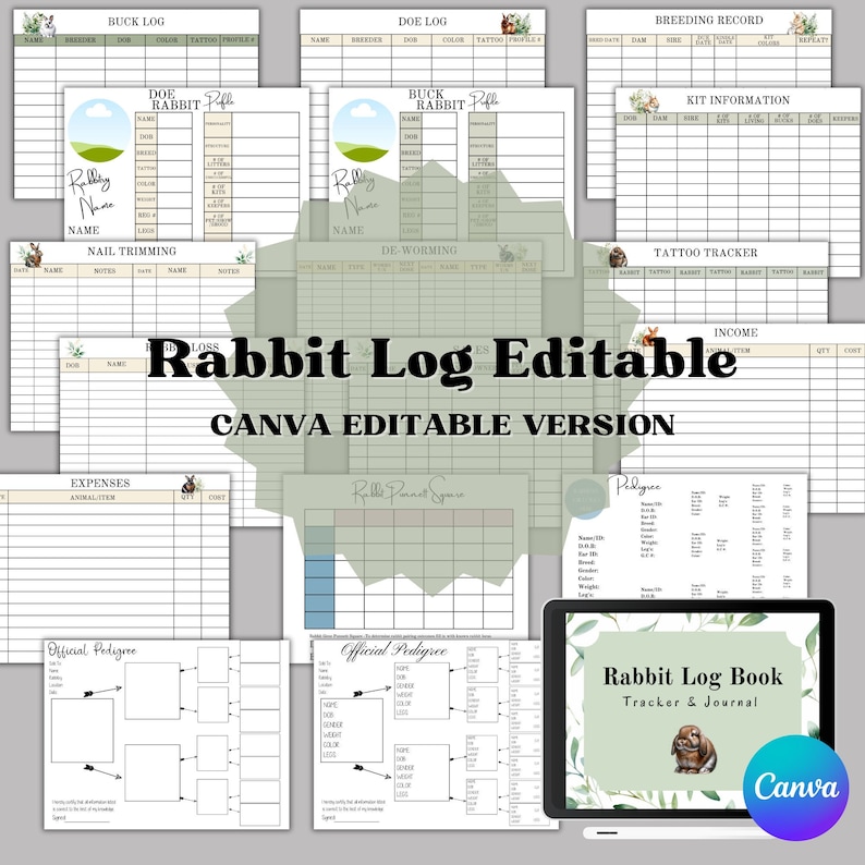 Editable Rabbitry Log Book: Canva Rabbit Breeding Tracker (digital ...