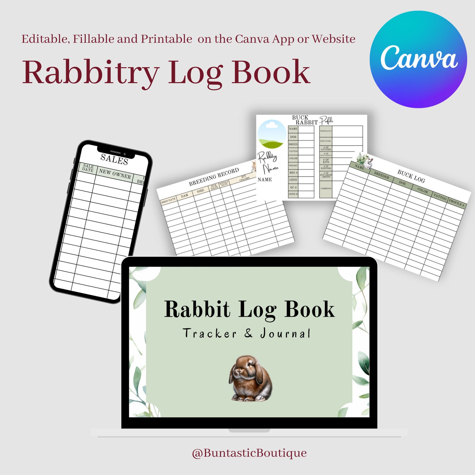 Editable Rabbitry Log Book: Canva Rabbit Breeding Tracker (digital ...