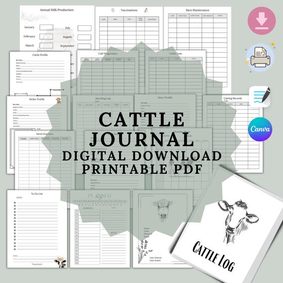 Cattle Log Book: Farm Management, Breeding & Medical Records (PDF Download)