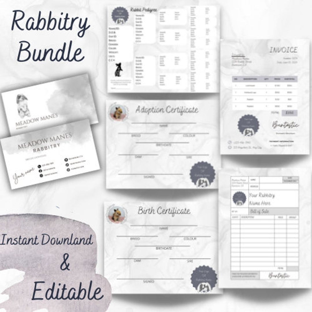 Rabbitry Branding Bundle: Watercolor Logo, Pedigree, Certificates ...