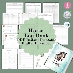 以下が含まれることがあります： 獣医記録、繁殖記録、子馬の追跡、医療記録など、ページが印刷された馬のログブック。表紙には馬の頭部の水彩画が描かれています。