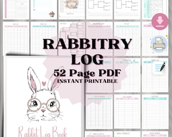 May include: A printable 52-page rabbit log book with a cute cartoon rabbit wearing glasses on the cover. The log book includes pages for breeding records, doe and buck profiles, feed and inventory tracking, and more.