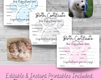 Certificado de nacimiento de mascota editable: Recuerdo de cachorro y gatito (PDF imprimible)