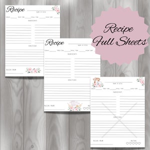 Puede incluir: Tres tarjetas de recetas imprimibles con dise&ntilde;os florales. Cada tarjeta incluye secciones para el nombre del plato, las porciones, el tiempo de preparaci&oacute;n, el tiempo total, el tiempo de horno, los ingredientes y las instrucciones. Las tarjetas tambi&eacute;n tienen espacio para una calificaci&oacute;n de la receta y la fuente de la receta.