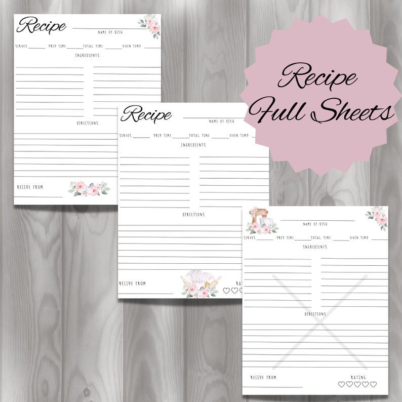 Puede incluir: Tres tarjetas de recetas imprimibles con dise&ntilde;os florales. Cada tarjeta incluye secciones para el nombre del plato, las porciones, el tiempo de preparaci&oacute;n, el tiempo total, el tiempo de horno, los ingredientes y las instrucciones. Las tarjetas tambi&eacute;n tienen espacio para una calificaci&oacute;n de la receta y la fuente de la receta.